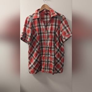 Claire France shirt size 1X orange peach and grey white pattern